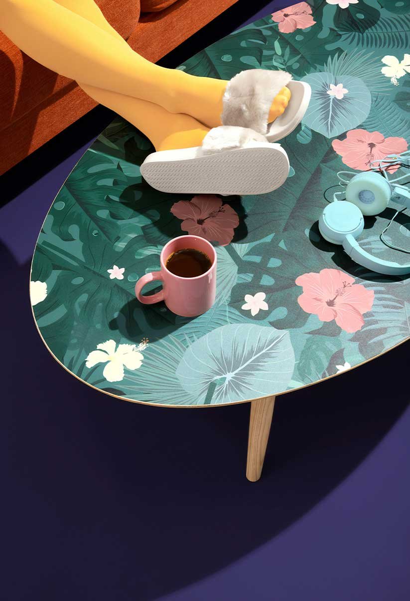 Patterned Living Room Table Mesa, mobiliario y materiales en una sala de estar
